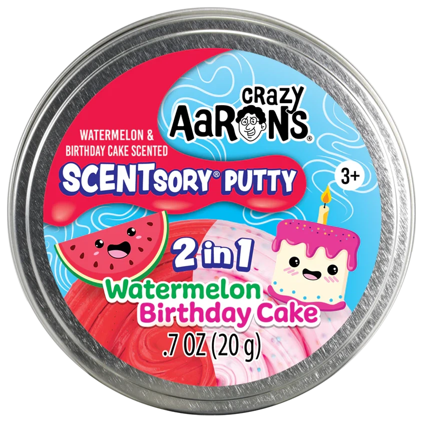 A tin of Crazy Aaron’s SCENTsory Thinking Putty, featuring a 2-in-1 watermelon and birthday cake scent. The label showcases vibrant illustrations of a watermelon slice and a birthday cake. Suitable for ages 3 and up.