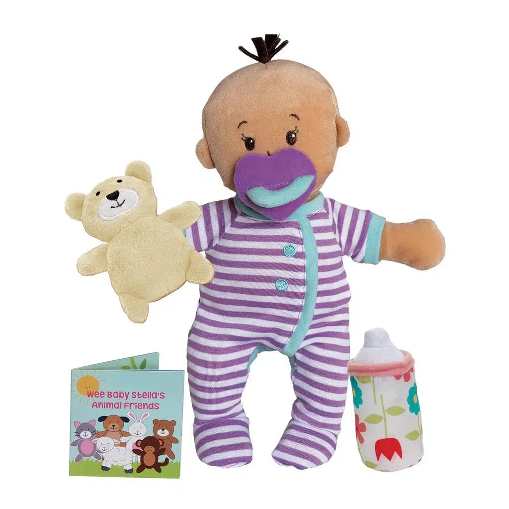 Wee Baby Stella doll in a striped outfit comes with a magnetic bottle, soft bear, and soothing pacifier, all beautifully presented in a display box.