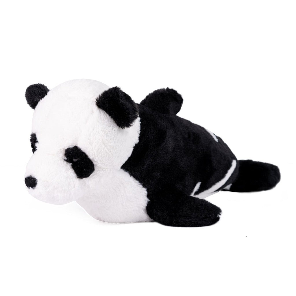 A charming stuffed panda plush lies on its belly, facing left. Its black and white fur, small ears, and distinct eye patches make it an endearing stuffed toy—a delightful hybrid animal friend for all ages.