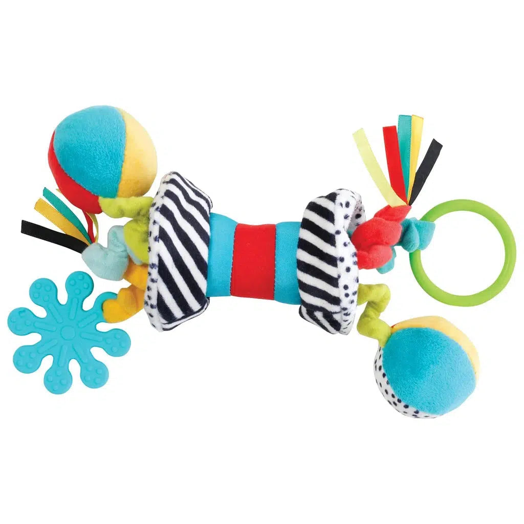 A colorful baby travel toy with plush, striped rings, multicolored balls, and a soft ring designed for sensory play. Ribbons and a blue teething component are attached, making it the perfect take-along-toy for little ones on the go.