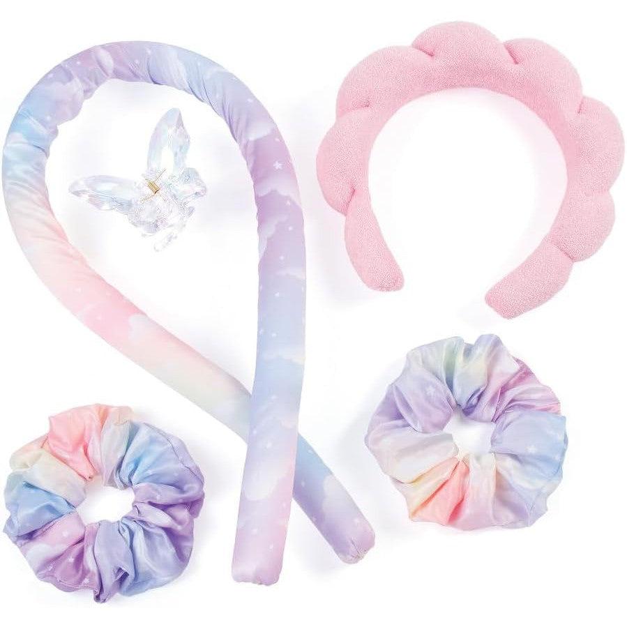 Pastel hair accessory set for kids beauty, featuring scrunchies, a puffy cloud-shaped headband, a butterfly clip, and a heatless curler.