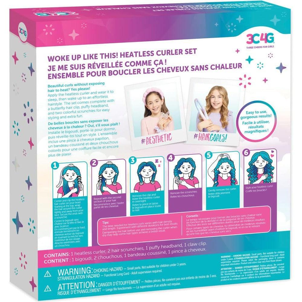 A box displays a heatless curler set alongside two images of a person using it. Instructions for use and product contents are clearly listed at the bottom. The set, perfect with the included puffy headband, is suitable for kids ages 6 and up.