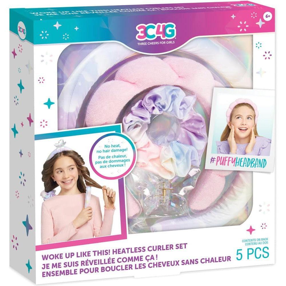 A box of the "3C4G" heatless curler set, ensuring no hair damage. It features various soft curlers and a girl wearing a puffy headband, demonstrating the product on the packaging.