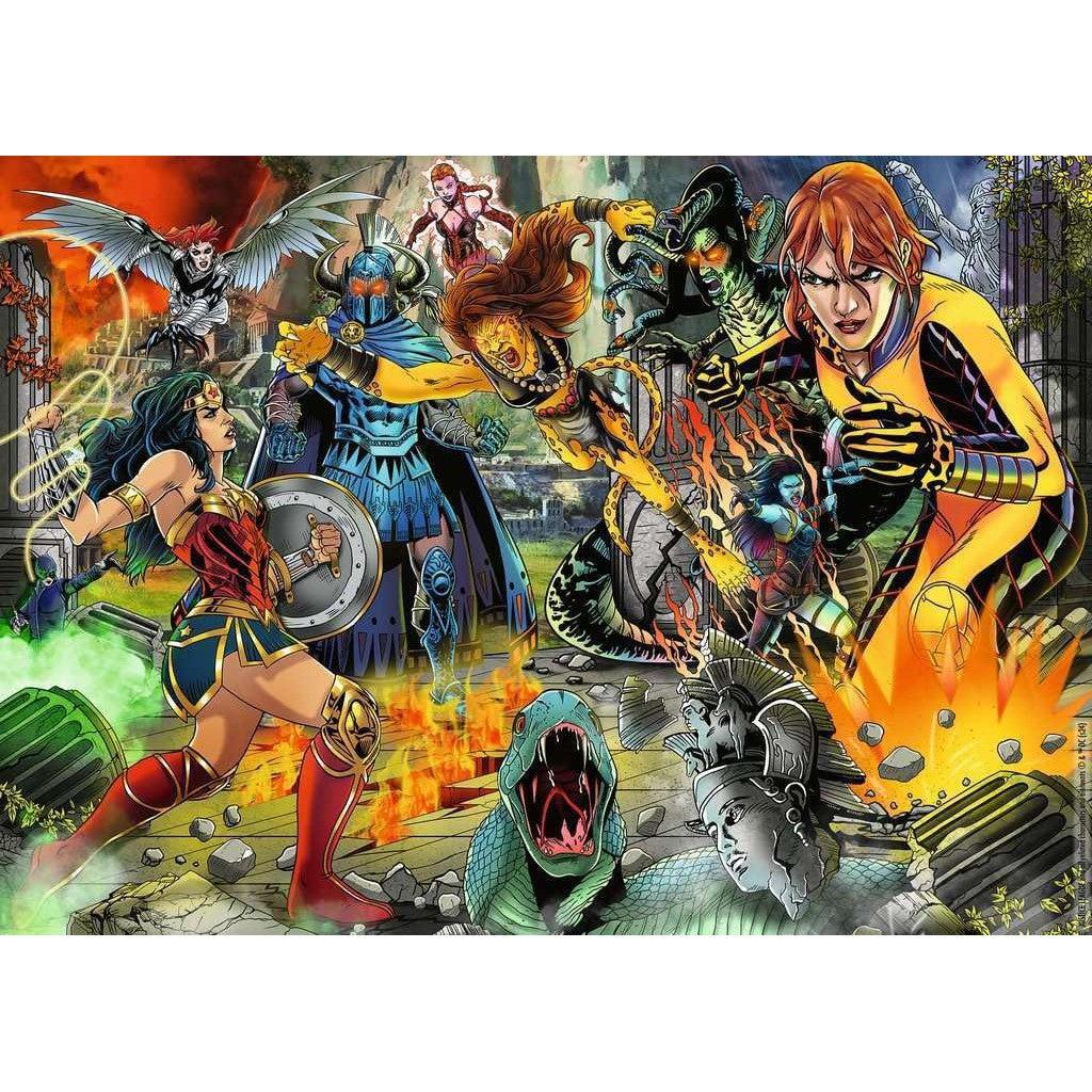 A dynamic comic book scene resembles a thrilling jigsaw puzzle with multiple superheroes, including Wonder Woman, and villains in a fierce battle amidst a ruined cityscape, featuring vivid colors and dramatic action poses.