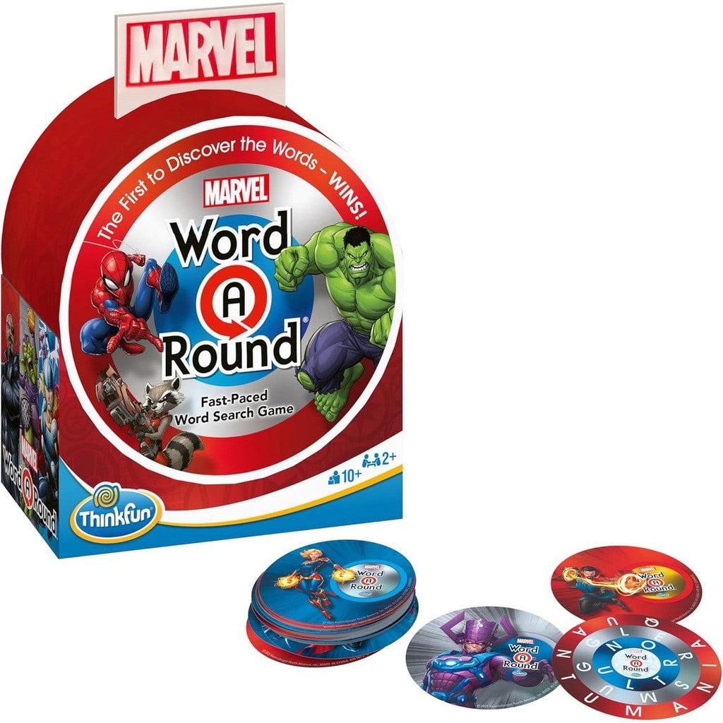 Box of "Marvel WordARound" game by ThinkFun with images of popular Marvel characters and several colorful game discs. The box claims "The first to discover the words wins!" and combines thrilling trivia and word challenges, making it suitable for ages 10+.