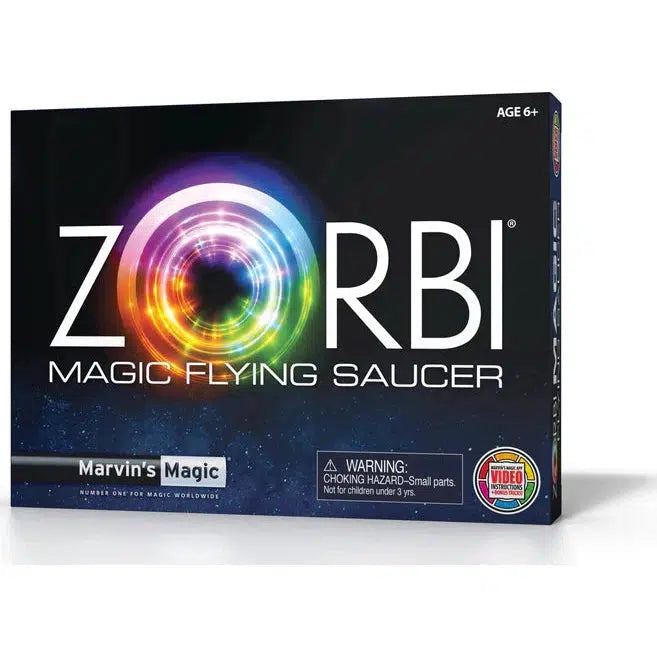 Discover the Zorbi Magic Flying Saucer by Marvin's Magic, featuring a colorful circular design and hypnotic light effects. Suitable for ages 6+, this enchanting toy lets you learn how to fly it with ease. Caution: choking hazard for children under 3 years.