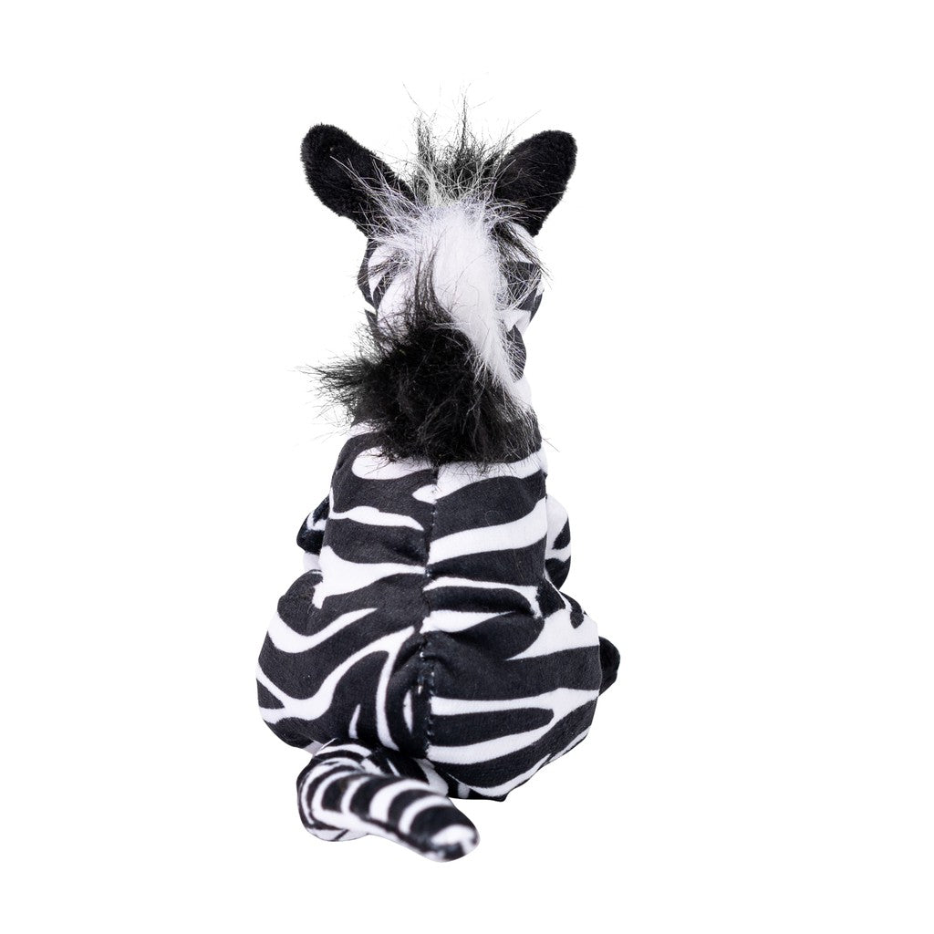 back of plush with kangaroo body and zebra head and zebra stripes