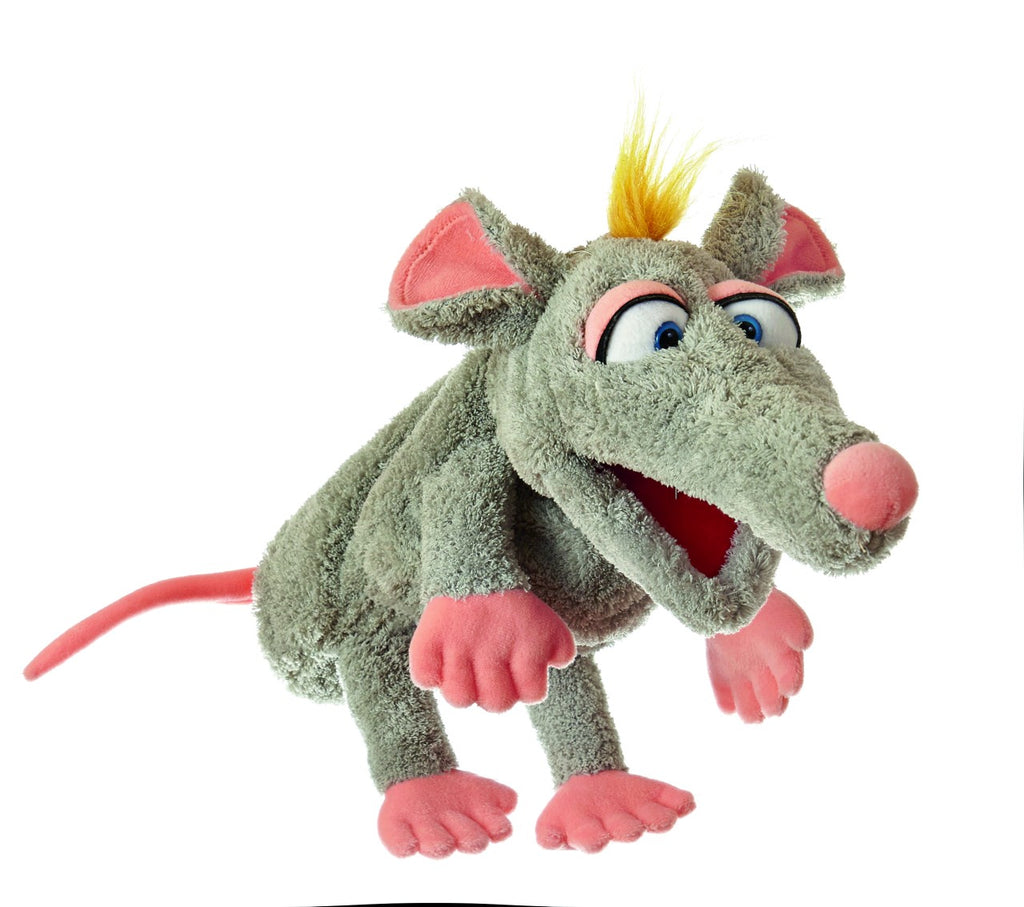 A gray hand puppet resembling a rat with pink ears, nose, and paws, along with a tuft of yellow hair, measures 34 cm against a white background.