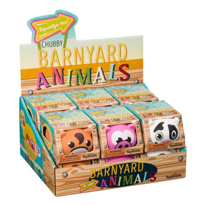 A display box of Chubby Barnyard Animals toys by Toysmith features six delightful barnyard animal toys, each in its own box. These charming squishy stress relief aids are perfect for bringing a touch of whimsy to any space.